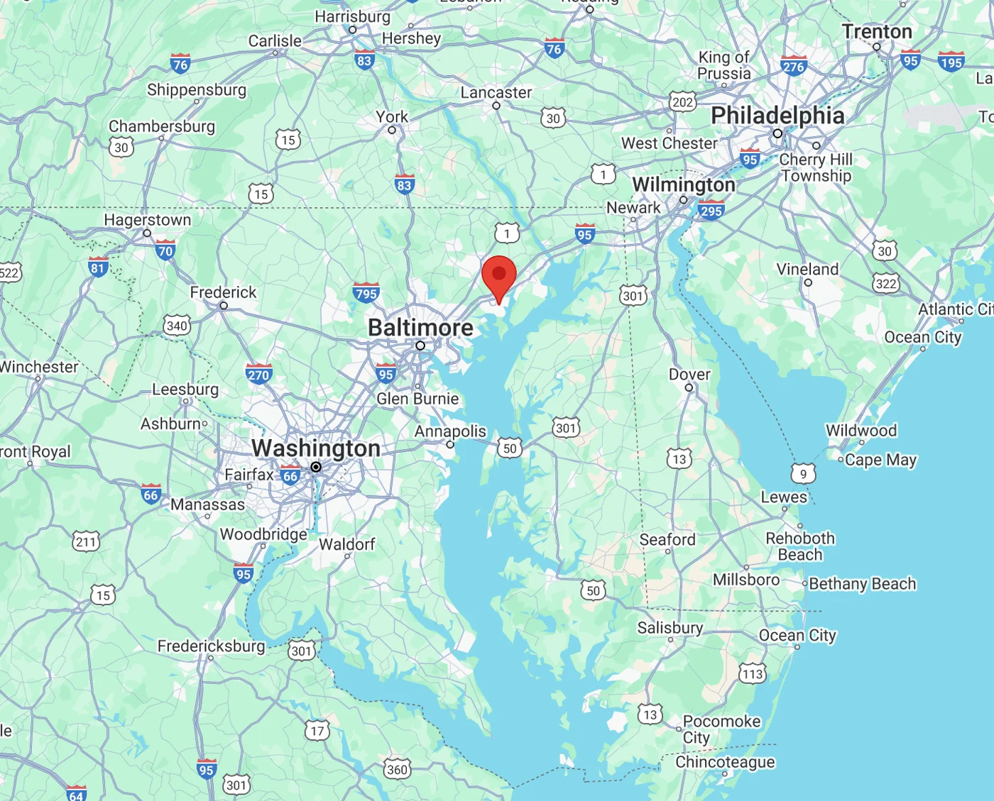 Map of Maryland showing Betts Defense Training in Edgewood, Harford County